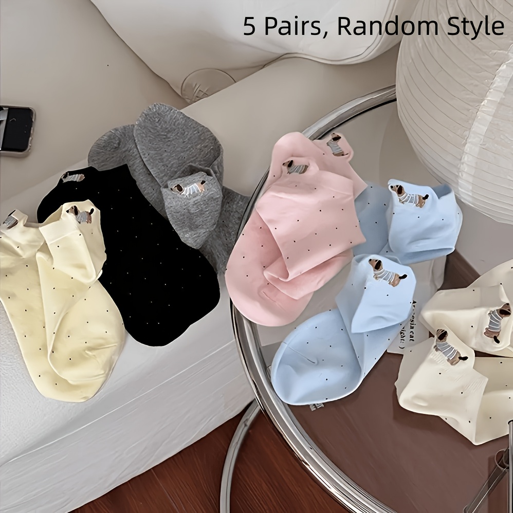 E-shop 5 Paar zufällige Stile Damen Cartoon Dackel Muster Atmungsaktive Bequeme Kurze Socken, Ohr Design, Geeignet für Sommer Freizeit Outdoor Kleidung