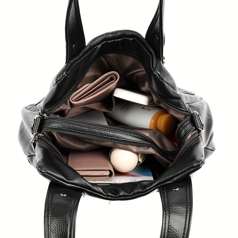 Women's Casual Tote Bag - Large Capacity Multi-Pocket Crossbody Shoulder Bag with Adjustable Strap, Zipper Closure & Bird Emblem, Deep Brown/Black for Work, Commute, Travel, Modern Iranian Style | Metallic Hardware Accents