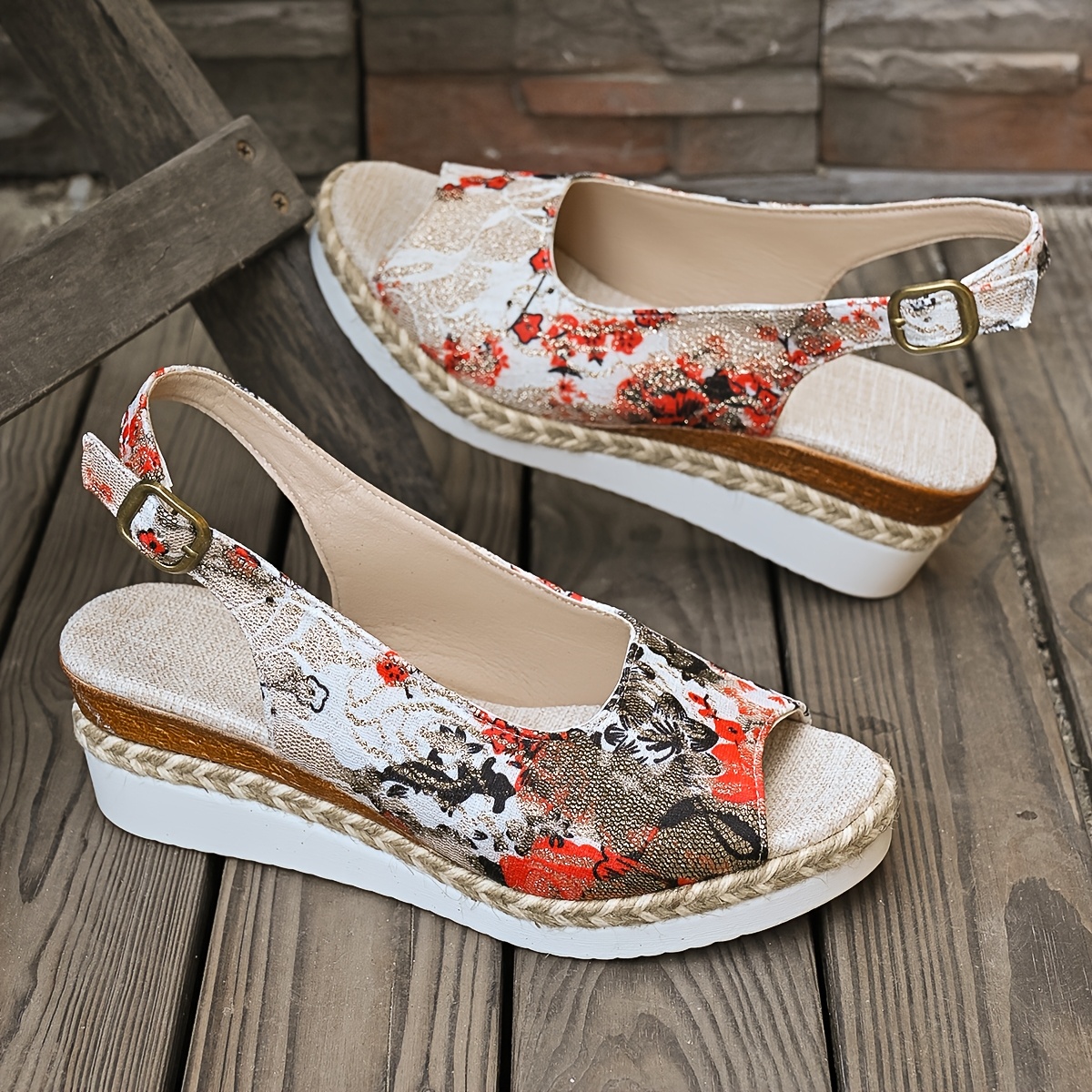 Womens Floral Print Open Toe Wedge Sandals Thick Cushioned