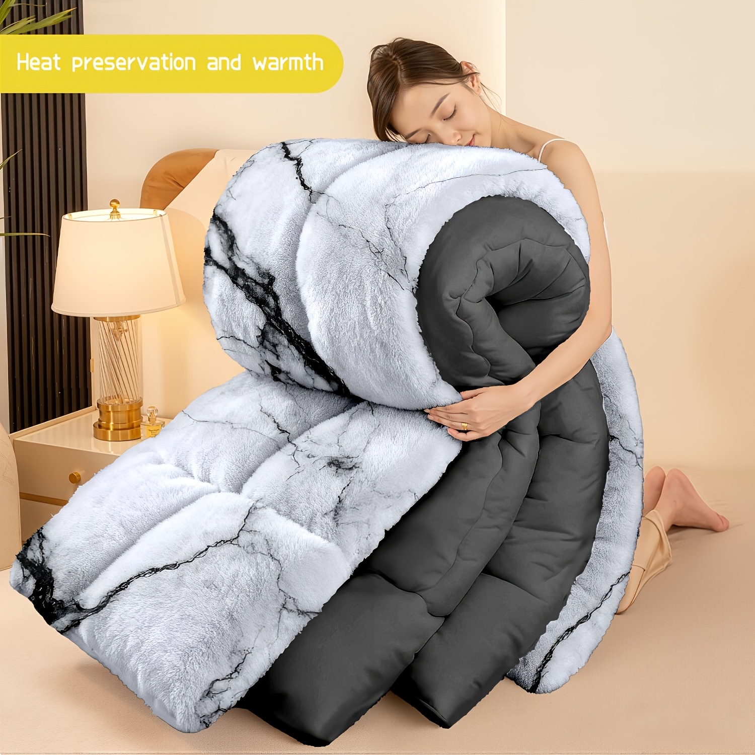 TEMU 3pcs (1 Comforter   2 Pillowcases) Marble - Patterned Flannel & Milk Velvet Comforter Set, Ultra - Soft Warm Bedding Set For Adults, Cozy Milk