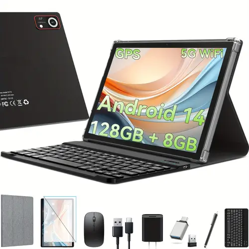 android 14 tablet 10 inch 5g wifi 128gb rom 8gb 1tb expand t606 core gps 7000mah battery 13mp 8mp face unclock hd display touchscreen black 2024 newest tablet 2 in 1 android tablets with keyboard case mouse stylus