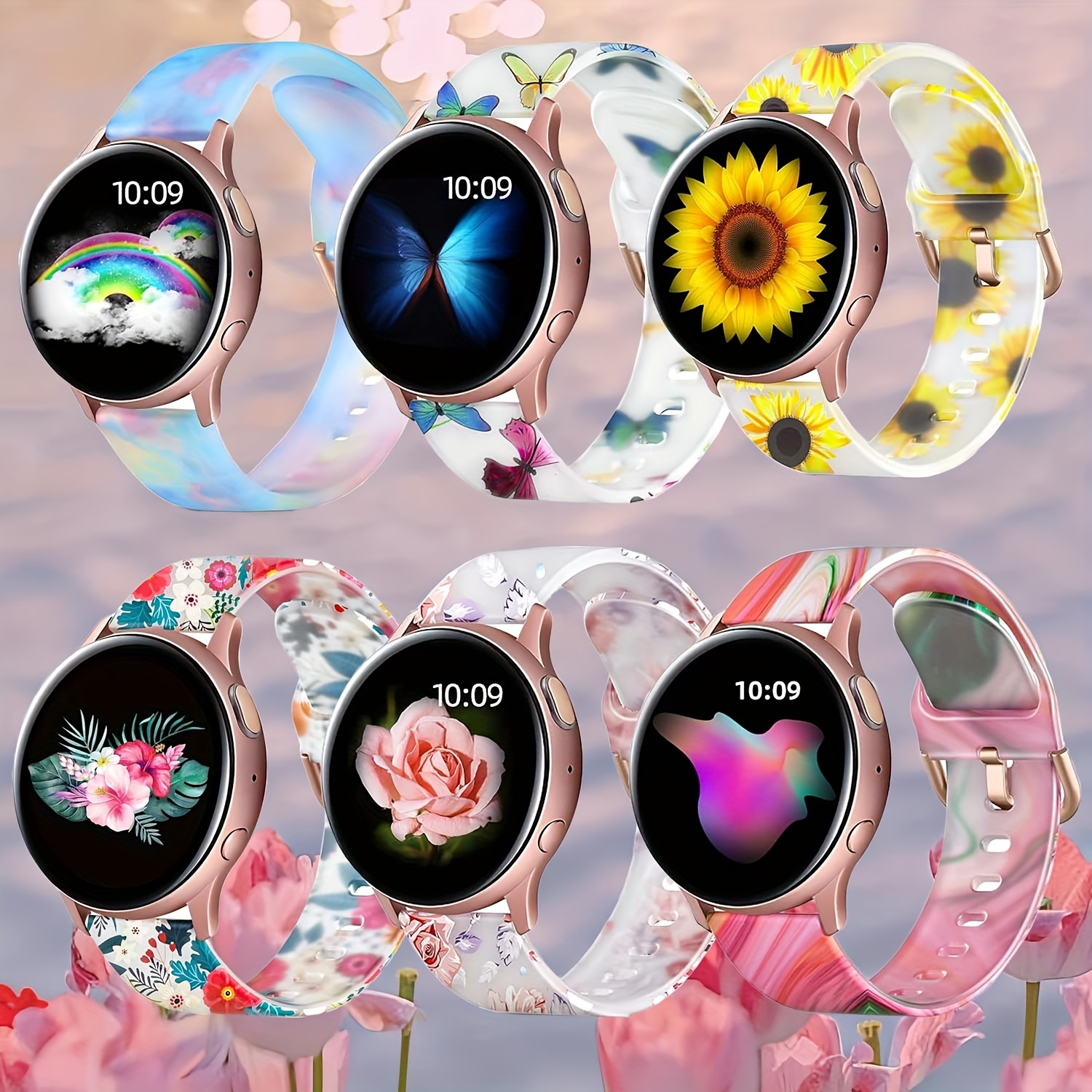 

1pc Silicone Straps, Compatible With Galaxy Active 2/galaxy Watch 4/watch 5/watch 6, Style: Blue And Pink Camouflage, Tricolor Butterfly, Pink Rose, Big Sunflower, Banna Leaf, Pink Green Stars