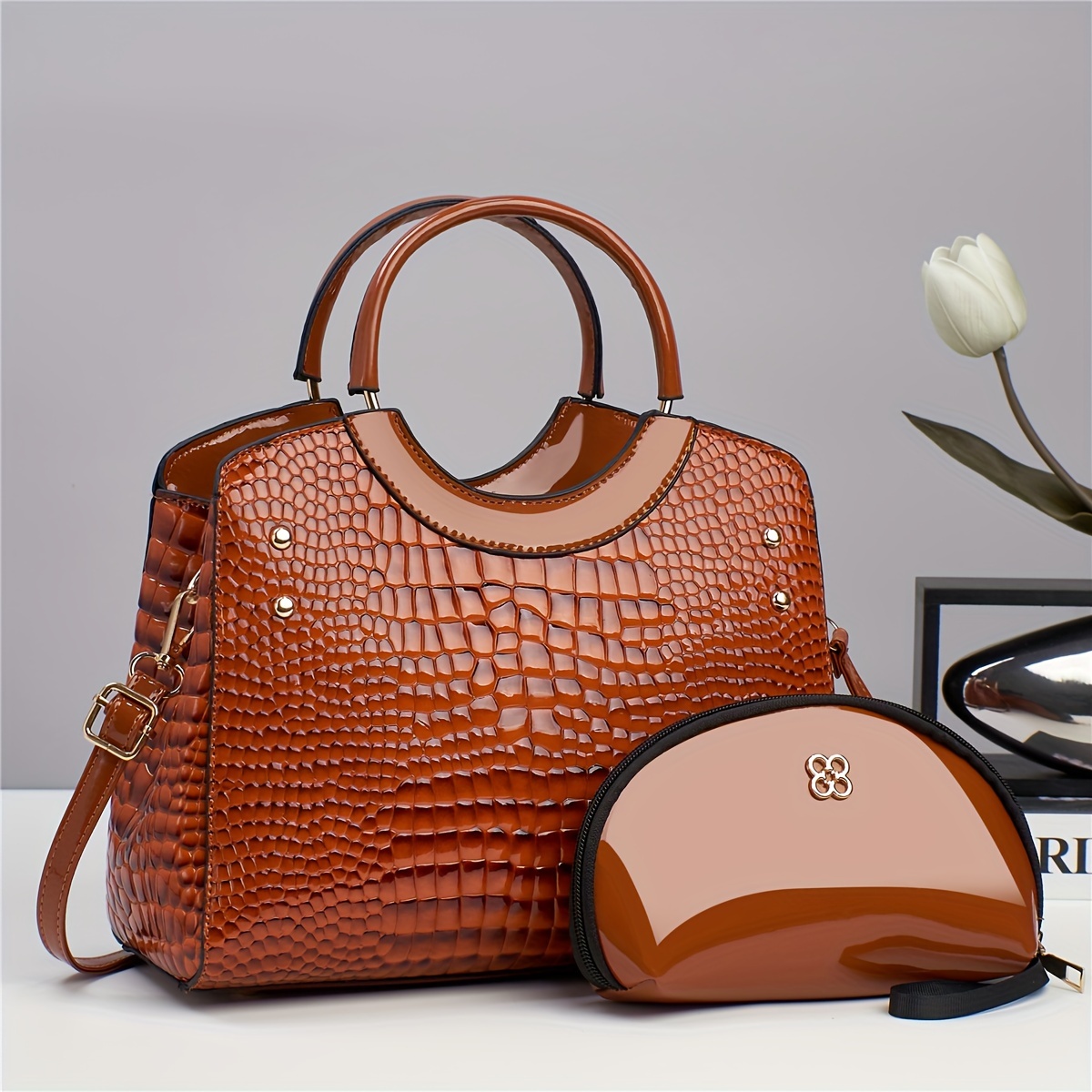 2024 New Pu Leather Handbag Clutch Zipper Purse Crocodile - Temu