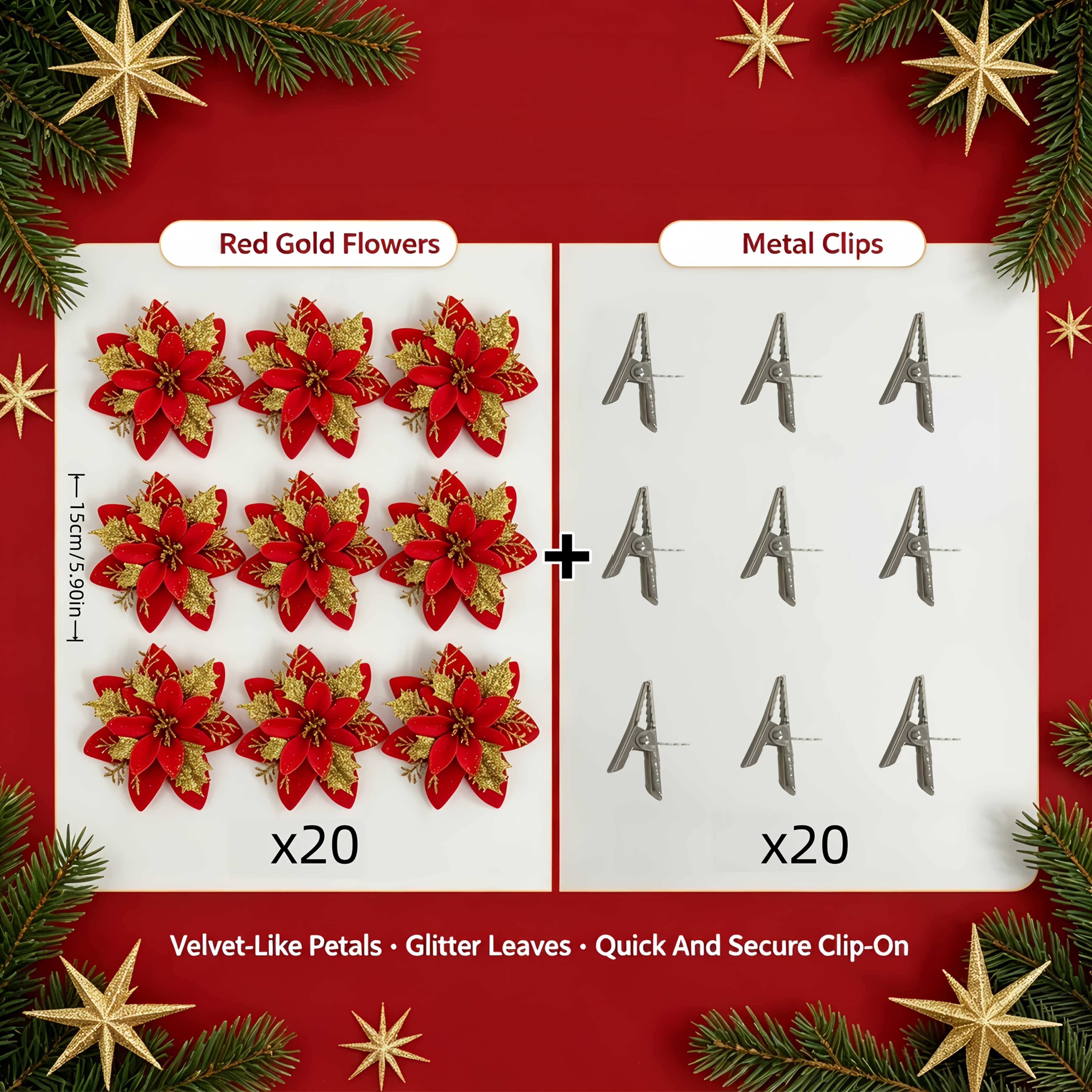 TEMU Christmas Artificial Poinsettia Decorations, Set Of 20 Red And Golden Glitter Poinsettia Flowers With 20 Metal Clips, 15cm Velvet Poinsettia
