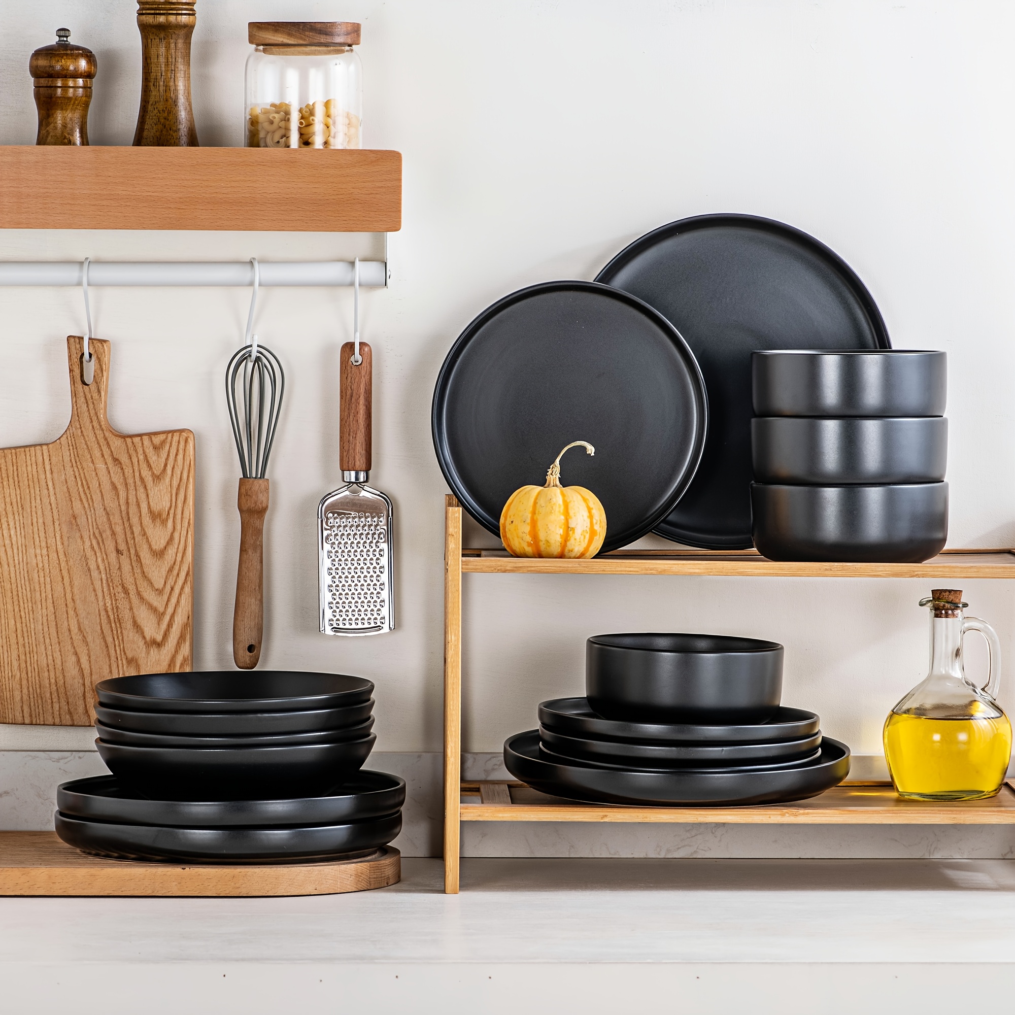 TEMU Black Crockery Sets For , Dinner Set 16pcs Plates And Bowls Set, Elegant Dinnerware With Matte Glaze, Playa Dinner Sets