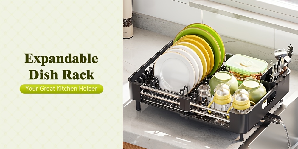   adjustable dish drying rack for kitchen extendable two tiered with non scratch drainers movable utensil holder and drainage spout ideal for plates bowls cups pots dish drying rack for kitchen counter Product details 0