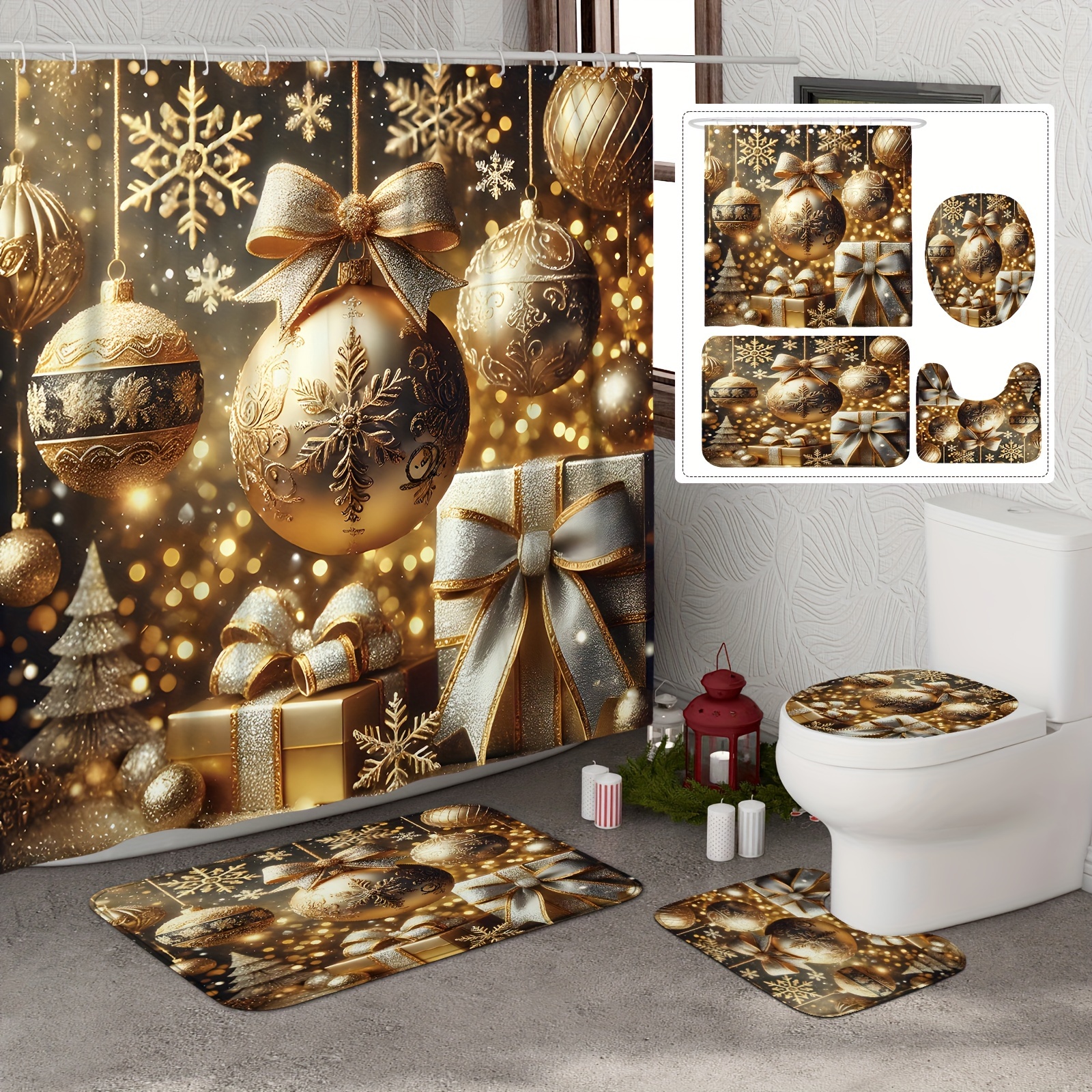 

1/4pcs Christmas Curtain Set Curtain And Rugs Polyester For Bathroom Or Decor 12 Bath Mat Lid Mat