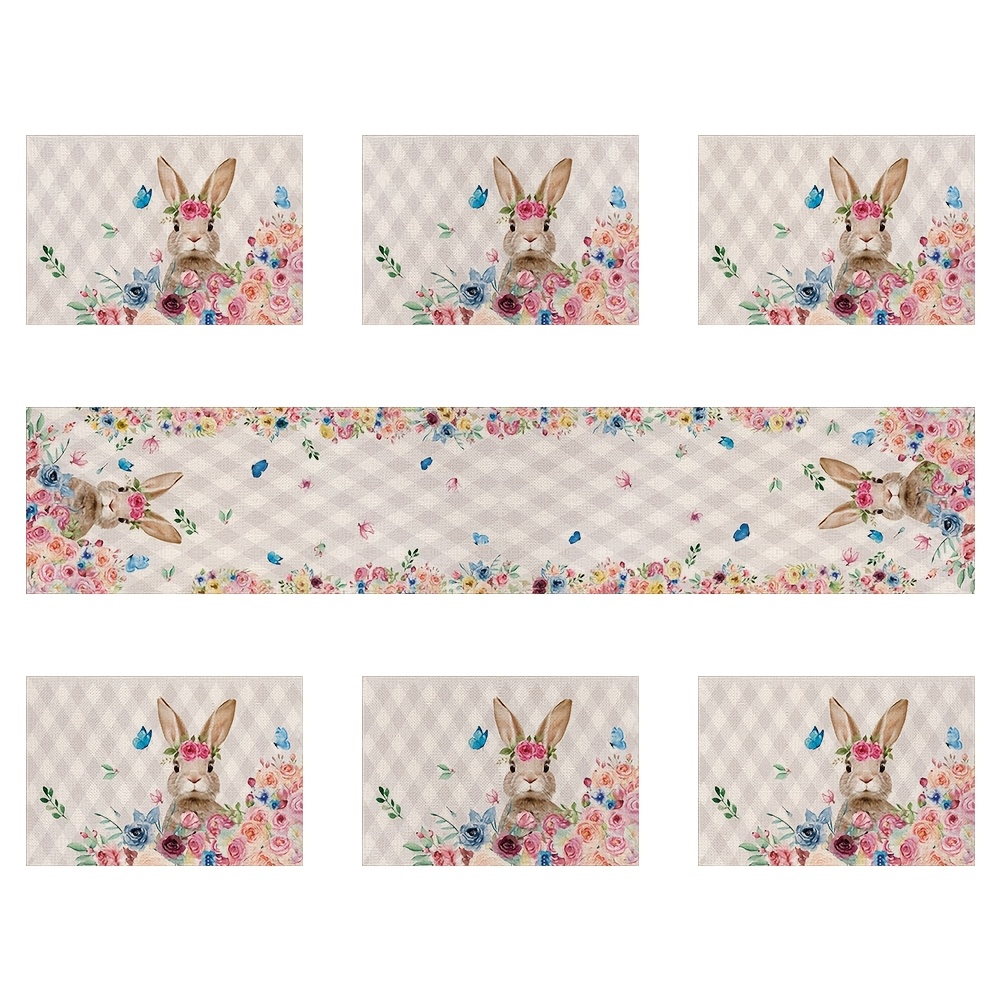 

7pcs Easter Table Runner Set - Polyester Woven Rectangular Table Decor With 6 Placemats, Bunny & , Seasonal Spring Holiday Dining Decorations For Easter Party