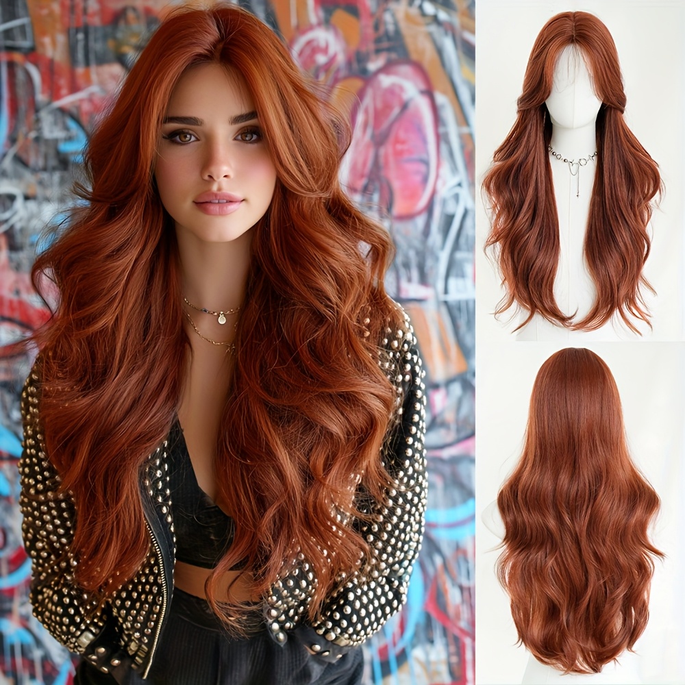 TEMU Long Body Wave Copper Wig For Women Daily Use Modest Fashion Middle Part Wigs With Curtain Bangs High Density Synthetic Layered Heat-resistant