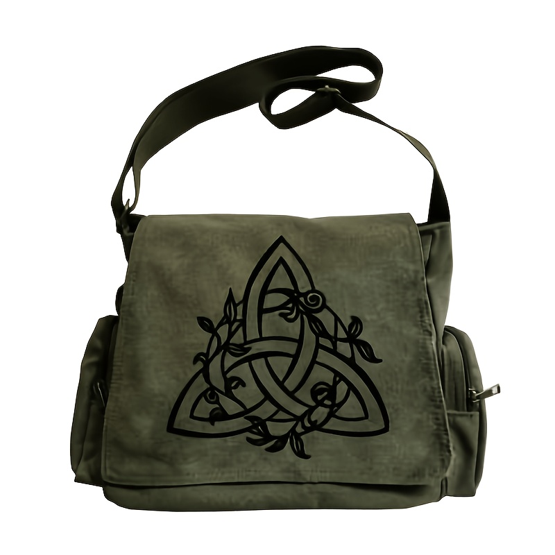 TEMU Women's Large Capacity Celtic Knot Crossbody - Heavy-duty Zipper Closure, Adjustable Strap & Golden-tone Hardware, Olive Green Tote With Celtic