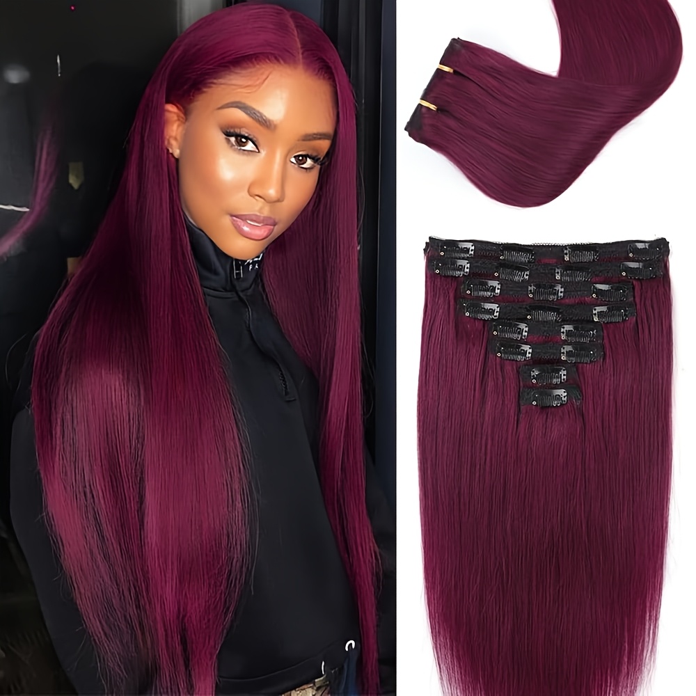 8pcs Brazilian Human Hair Extensions Suitable For Women - Real -in Extensions With 18 Clips & Double Weft System, Burgundy #99j Color, Volume Boosting For Blending (no Application)