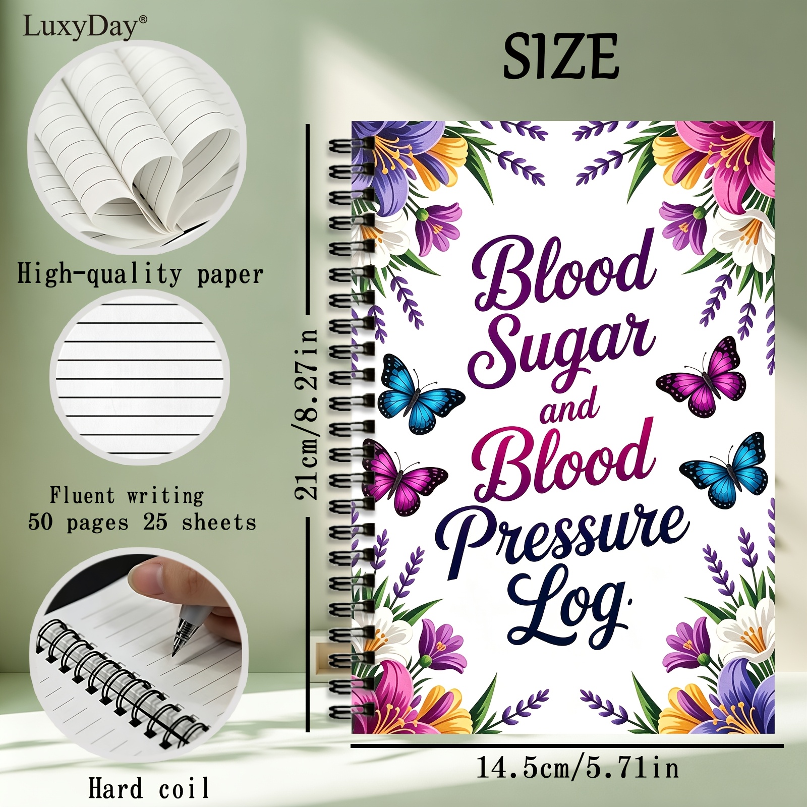 TEMU 1pc Floral Blood Sugar & Blood Pressure Log Spiral Notebook, 50 Pages Health Notepad, For Sign Recording Doctor Reference Elderly Care Gift Home
