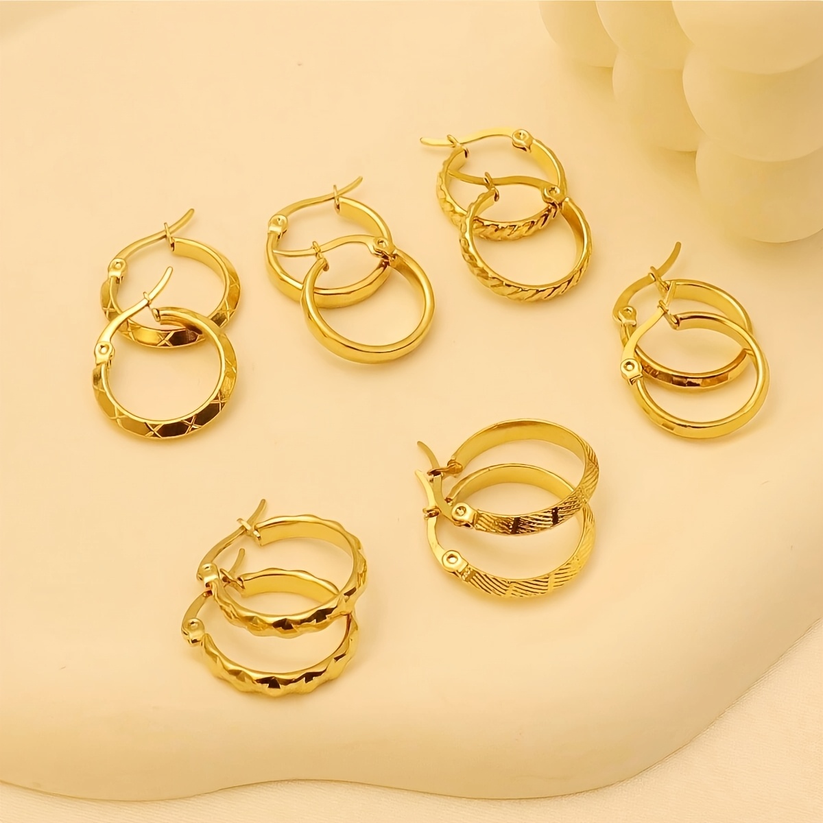 TEMU 6 Pairs/sets Of 316 316 316 Steel Round Embossed Ring Earrings, Comfortable And Versatile Earrings, High-quality Fashion Women's Earrings