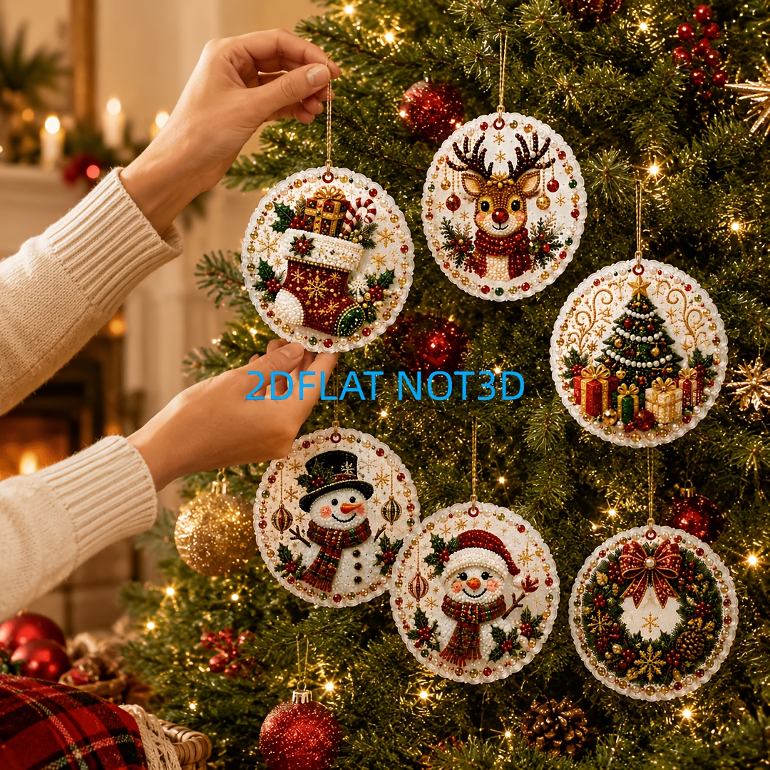 TEMU 2d Flat 6pcs Diy Pearl Diamond Painting Wooden Hanging Tag Ornament Set, Christmas Theme, 2.0cm (3.07 Inches) 2d Flat Hd Printed, Complete Diy