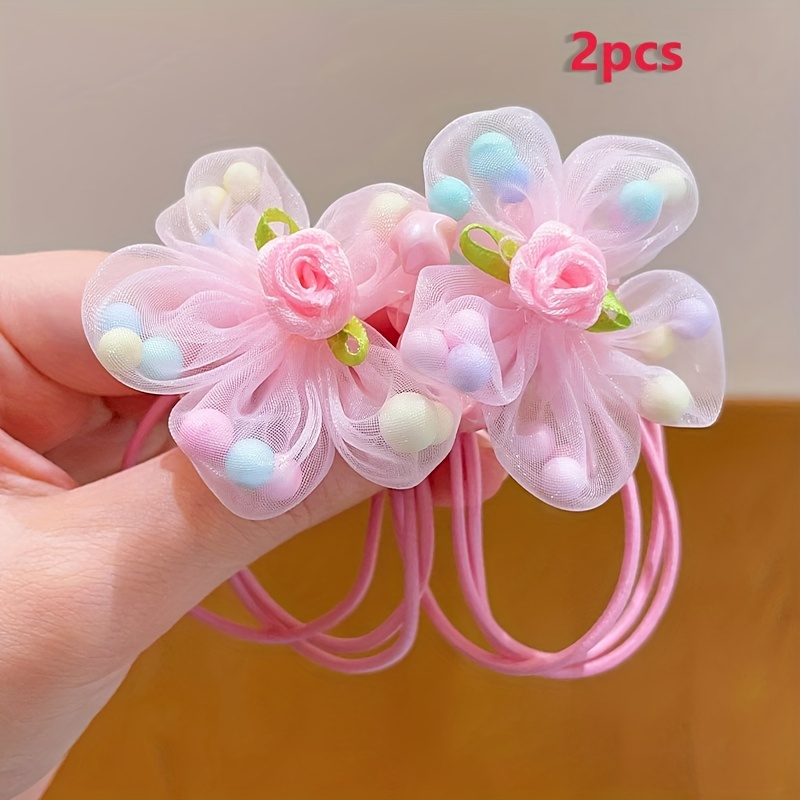 TEMU 2-pcs New Colorful Mesh Flower Hair Ties For, Cute Candy-colored Floral High-elasticity Hair Bands, Suitable For Daily Wear And Holiday Parties