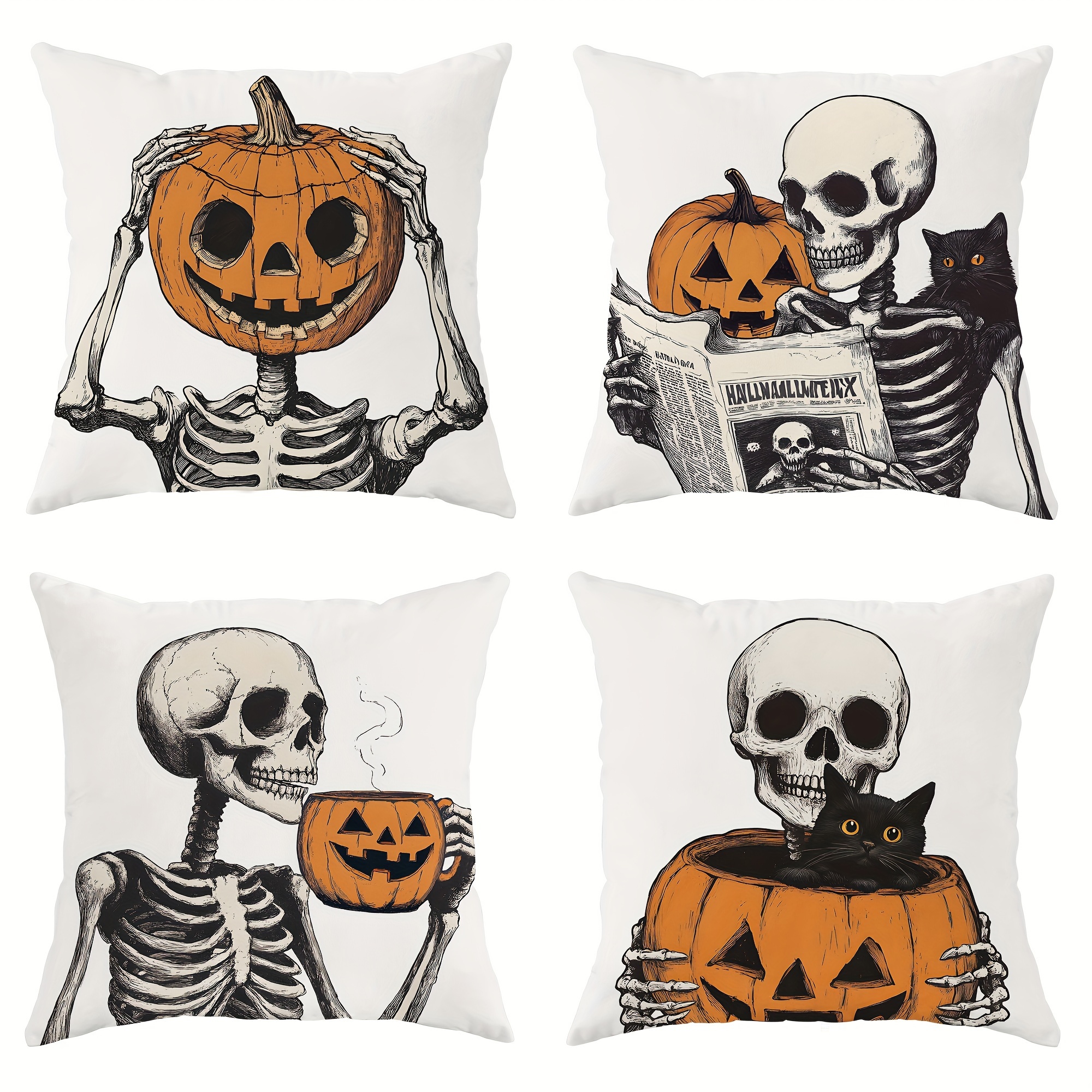 

4-pack Throw Pillow Covers 18x18 Inch - Contemporary Velvet Soft Decorative Pillowcases, Skeleton & , Machine Washable, Zipper Closure For Sofa & Living Room Decor - Polyester, No Insert