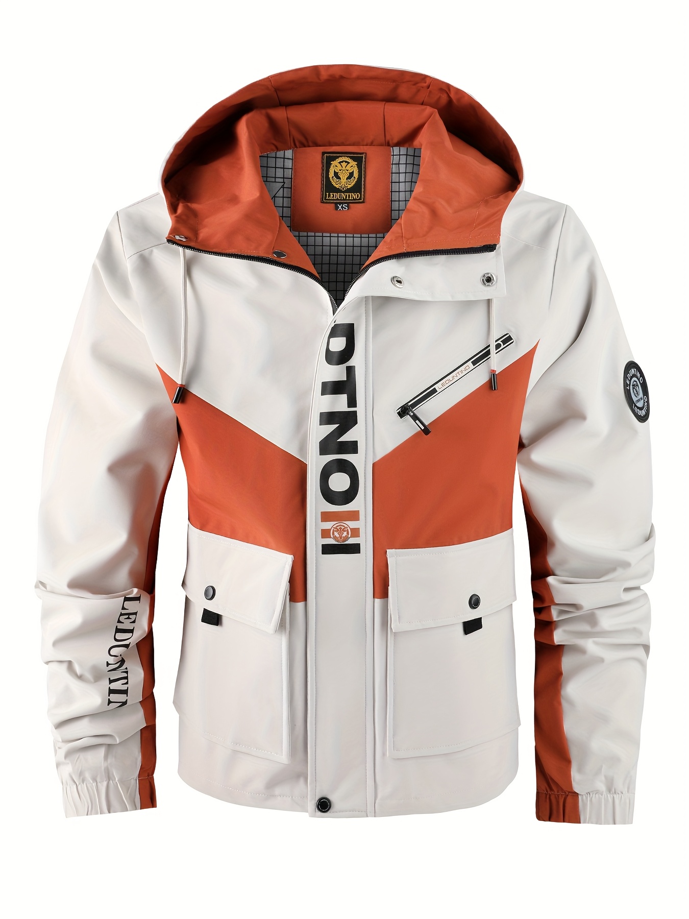 Chaqueta con capucha casual para hombre, diseño de moda al aire libre con múltiples bolsillos, contraste de colores, doble bolsillo - chaqueta ligera de cuadros para primavera y otoño, ropa moderna urbana, costura de alta calidad, tejido de poliéster, estilo callejero