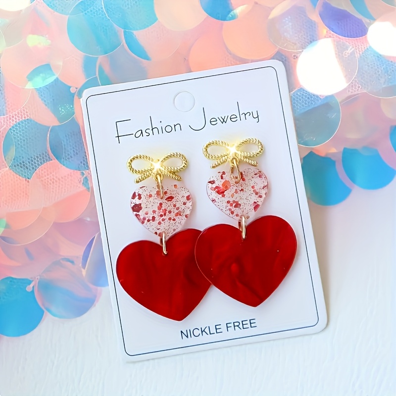 TEMU 1 Pair Of Acrylic Red Heart And Bow Decoration Earrings, Cute And Elegant Heart-shaped Earrings, Holiday Gift, Suitable For Holiday Gifts And