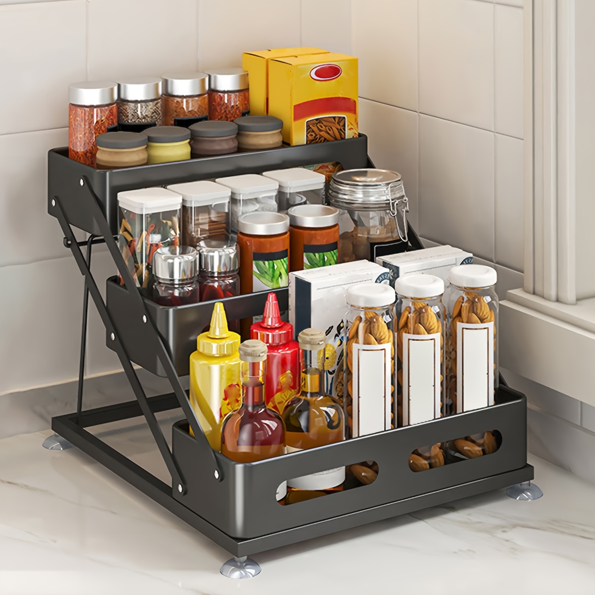 Image of 3-tier Foldable Cast Iron Spice Rack With Guard Rail, Heavy Duty Kitchen Countertop And Cabinet Organizer, Durable Coated Metal Seasoning Shelf, Space Condiment Storage Rack For Jars Bottles