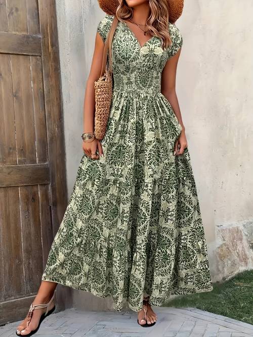 womens printed v neck cinched waist long dress womens elegant casual vacation dress