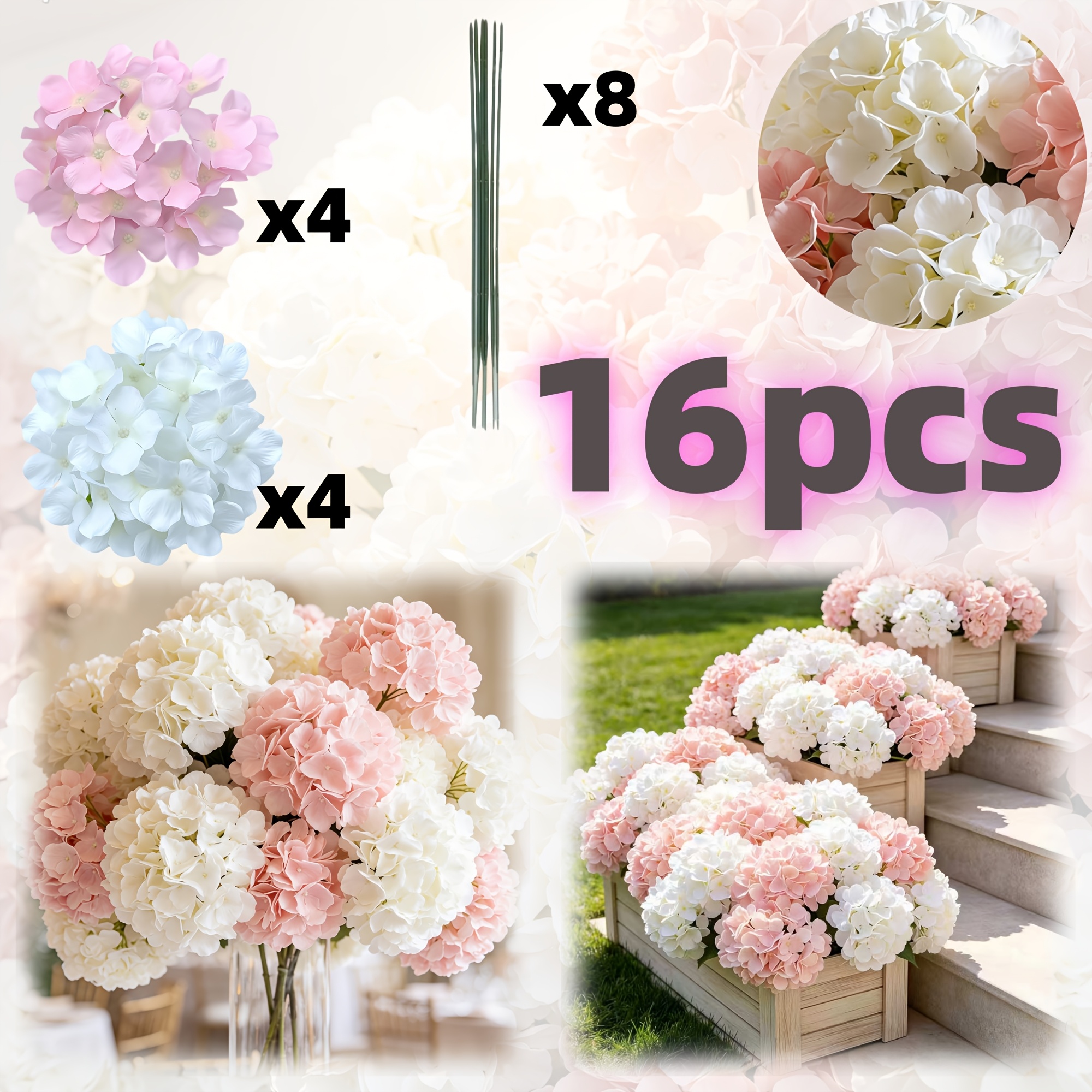 TEMU 16pcs Premium Large Pink And White Mixed Hydrangea Artificial Flower Bouquet With Green Leaves, No Maintenance Required, Suitable For Wedding