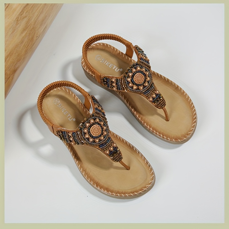 Women'S Flip-Flops, Bohemian Comfortable Beaded Beach Vacation Plus Size Flat Shoes, Women Shoes