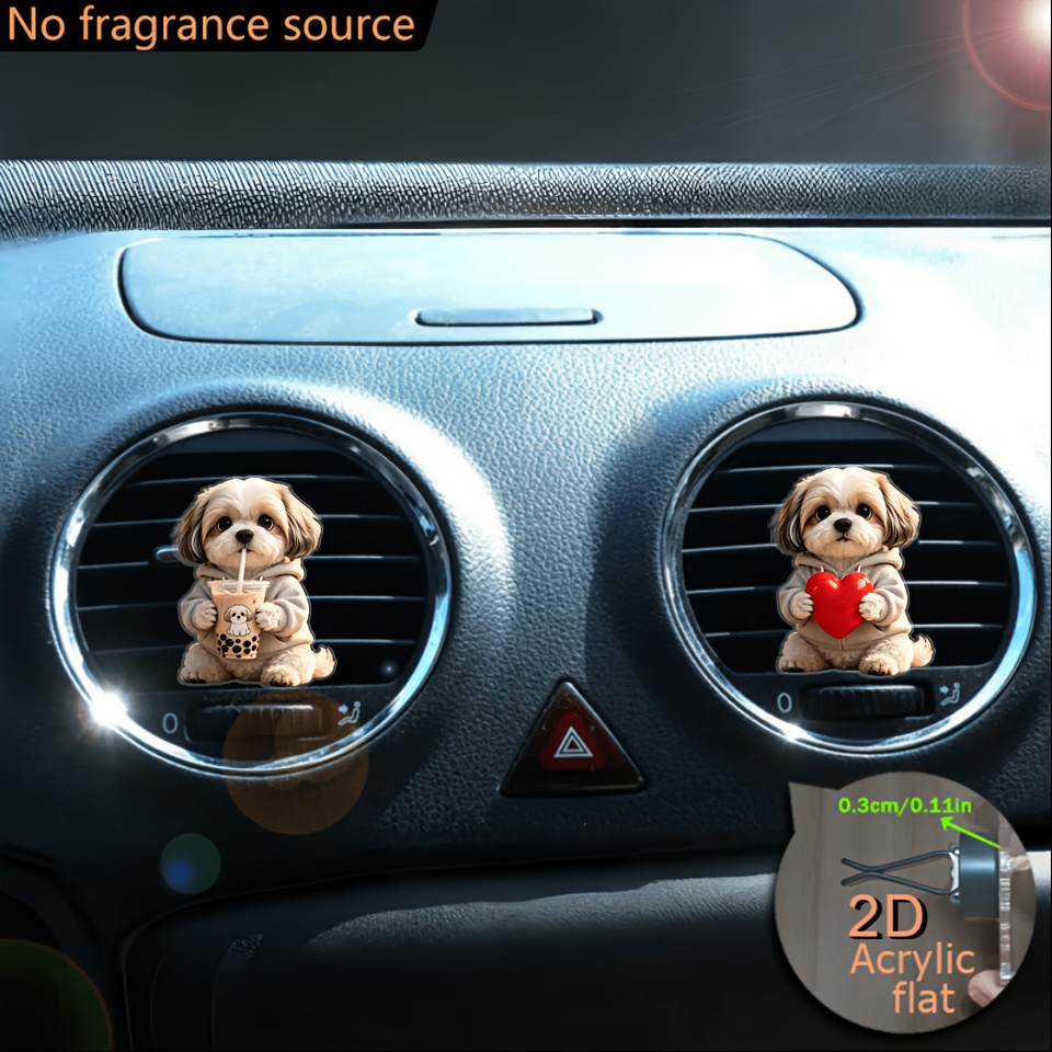 TEMU 2d Flat, 2pcs Set Of Shih Tzu Dogs Holding Milk Tea And Hearts Pattern Car Air Vent Clip Decoration, "fragrance-free", With Dual Odorless Sponge