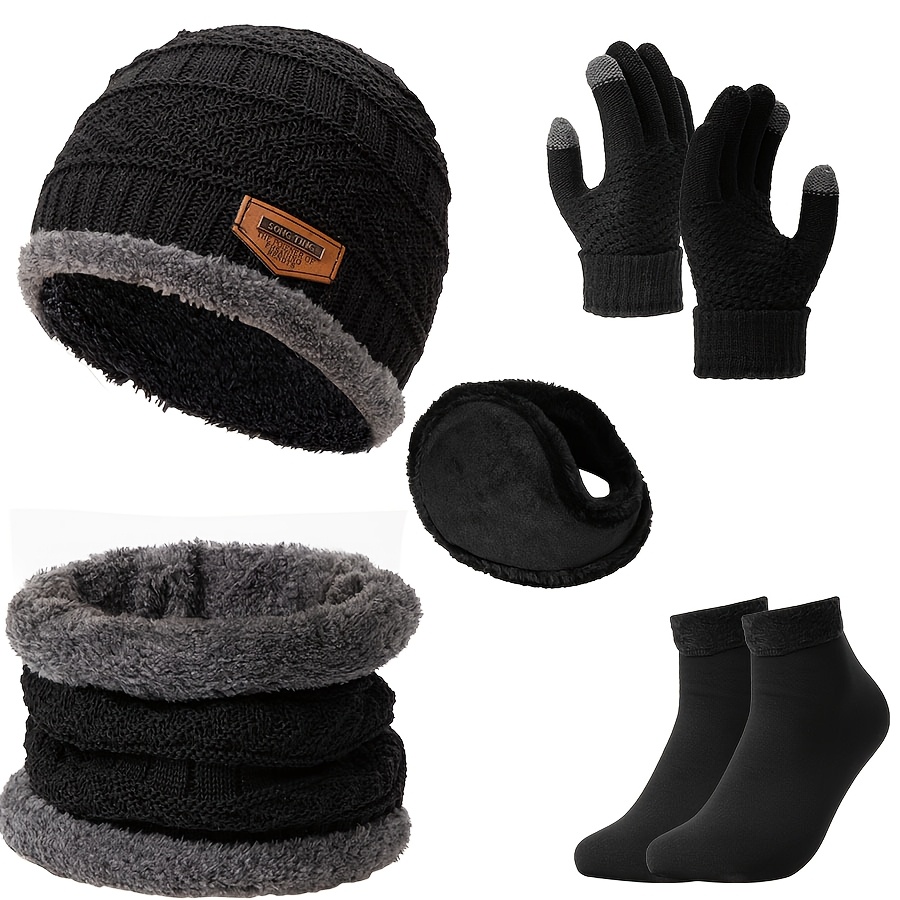 TEMU Men's Winter Outdoor Hat Set, Featuring A Plush-lined Beanie, Gloves, Ear Muffs, And Non-slip Socks, Designed To Offer Protection In Extremely Cold Weather.