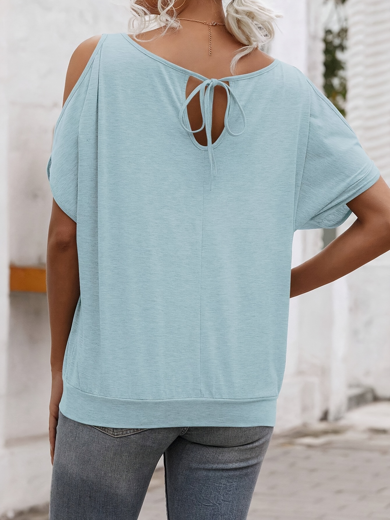 Women'S Light Blue Casual Crew Neck Short Sleeve T-Shirt with Tie-Back Detail - Soft Polyester Summer Top for Casual Attire, Ladies T Shirts
