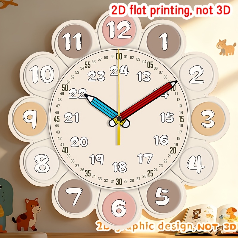 TEMU Fun Pencil-pointer Wall Clock With , Featuring Creative Petal-number Patterns To Aid Time Recognition. A Decorative Yet Practical Item Ideal For