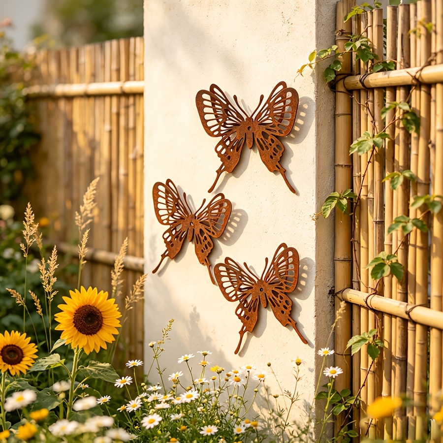 TEMU 【3D】 [3D] 3pcs Papillons en Métal Rouillé Décoration Murale, Art de Jardin Papillon en Fer Rustique, Sculpture Murale en Métal Extérieure