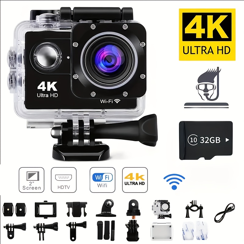 

Action 4k Camera Uhd -with 32gb Card, 170° Lens, 2.0 Lnch Screen, Image Stabilization And Accessory - Shooting In A Of - Capture