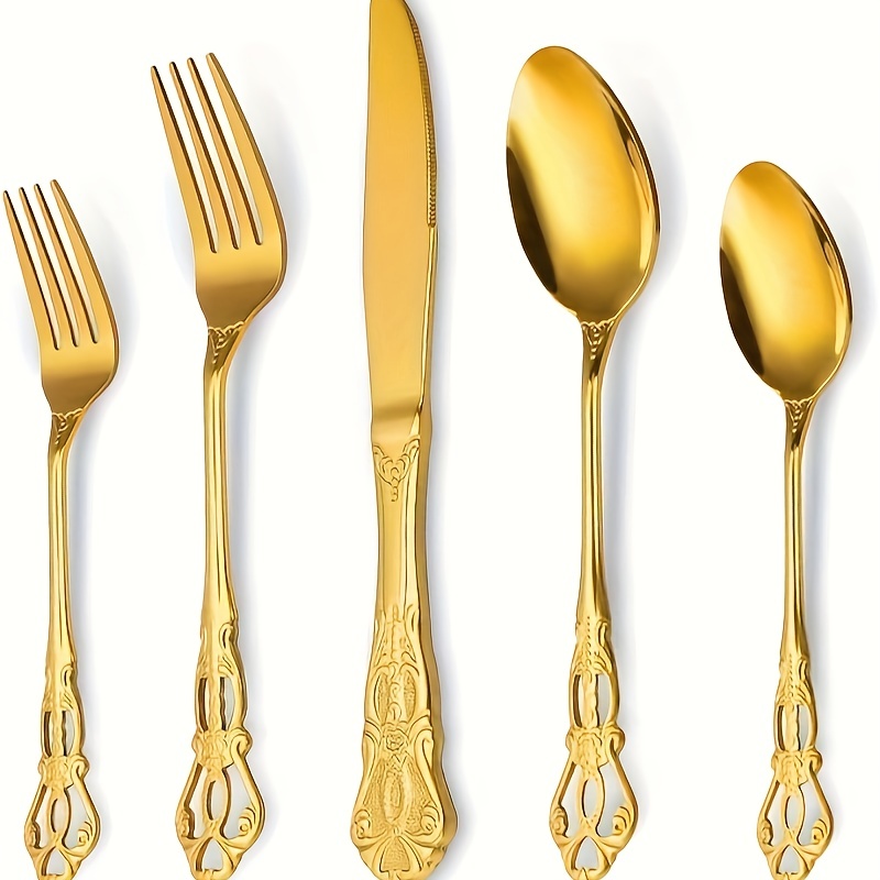 

Retro Royal 20 Pieces Stainless Steel Silverware Set, Anti-rust Flatware Cutlery Set For 4, Luxury Kitchen Utensil Tableware Set Include Fork Spoon Knife, Mirror Polished Dishwasher Safe, Gold