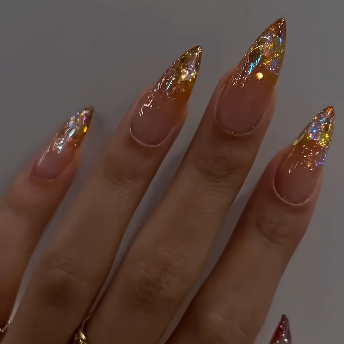 

24pcs Y2k Press-on Nails Set - Long Almond Shape With Orange Gradient & Sparkling Rhinestones, Includes Application Kit For Women And Girls - Parties, & Casual Attire