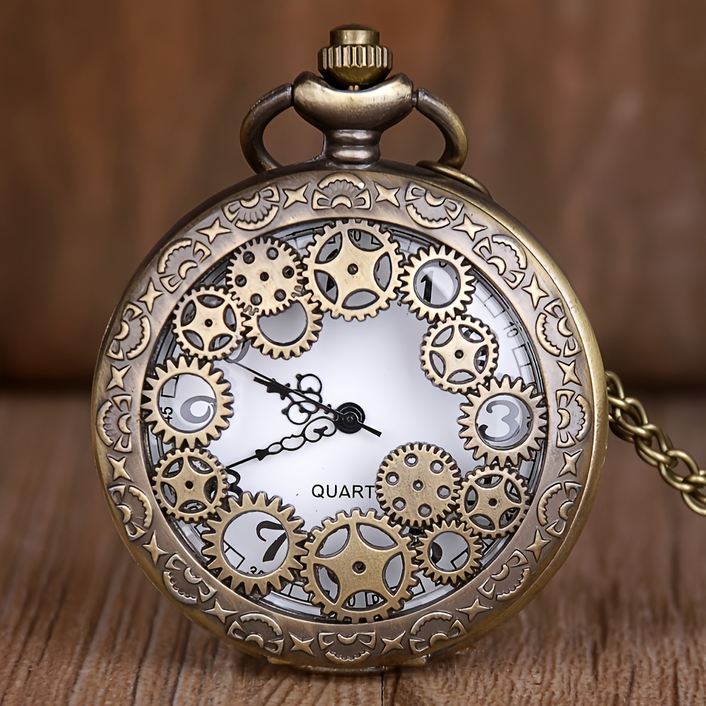 Vintage Black Hollow Gear Quartz Pocket Watch With Roman - Fashionable Men's Accessory