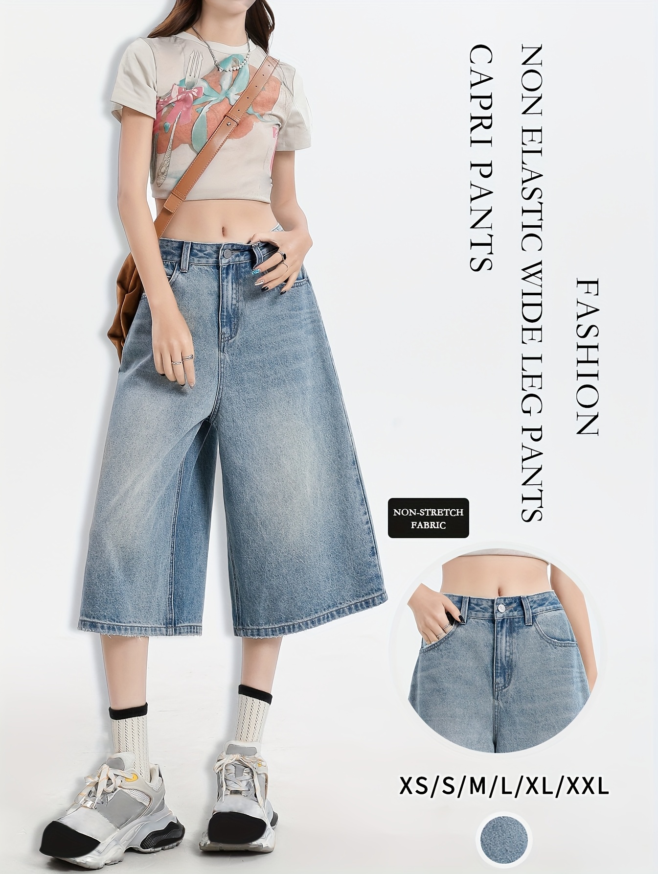 womens light blue high waist capris casual loose fit non Temu