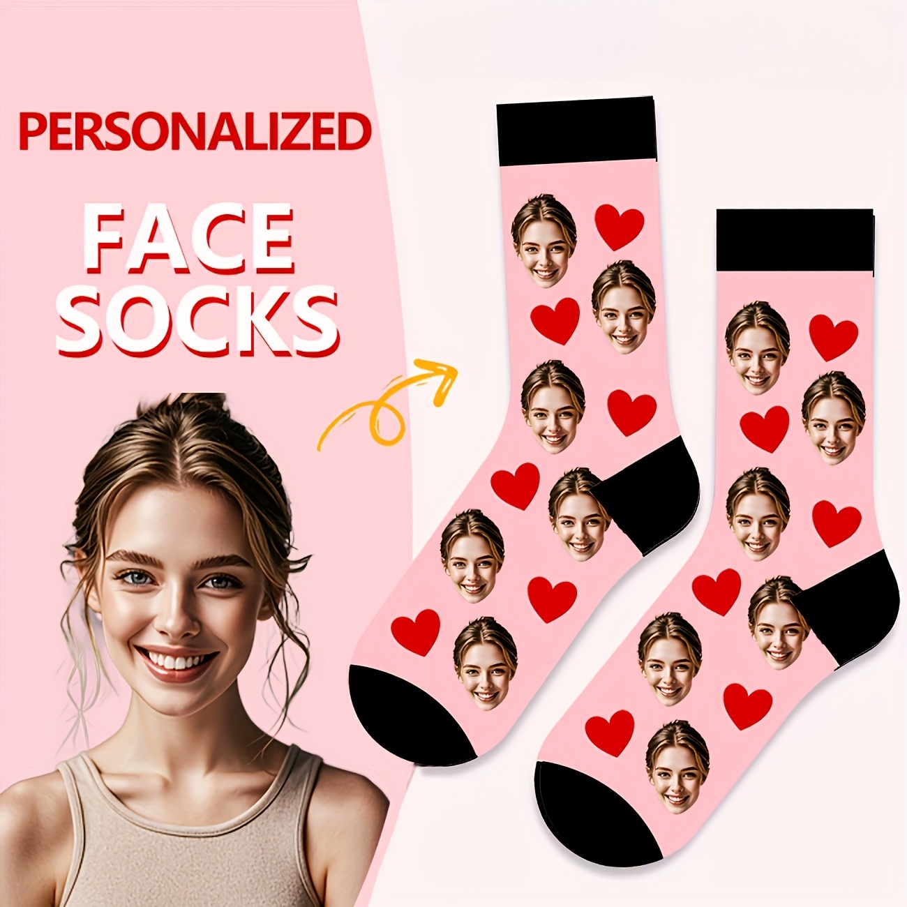 TEMU 1-pair Of Personalized Custom Face Mid-calf Socks For Women, Featuring Photos Of Men And Beautiful Women As Couples. Fun Custom Picture