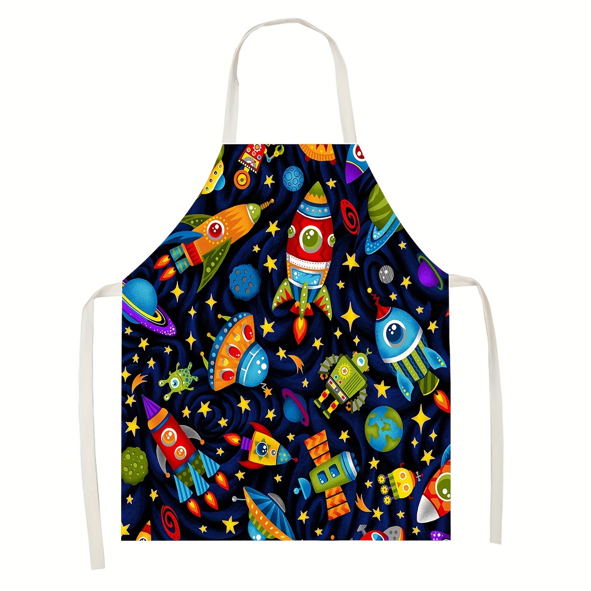 

1pc, Kitchen Apron, Cartoon Style Rocket Dinosaur Planet Apron, Polyester Stain-resistant Sleeveless Apron, Unisex Cooking Workwear, Suitable For Painting, Arts