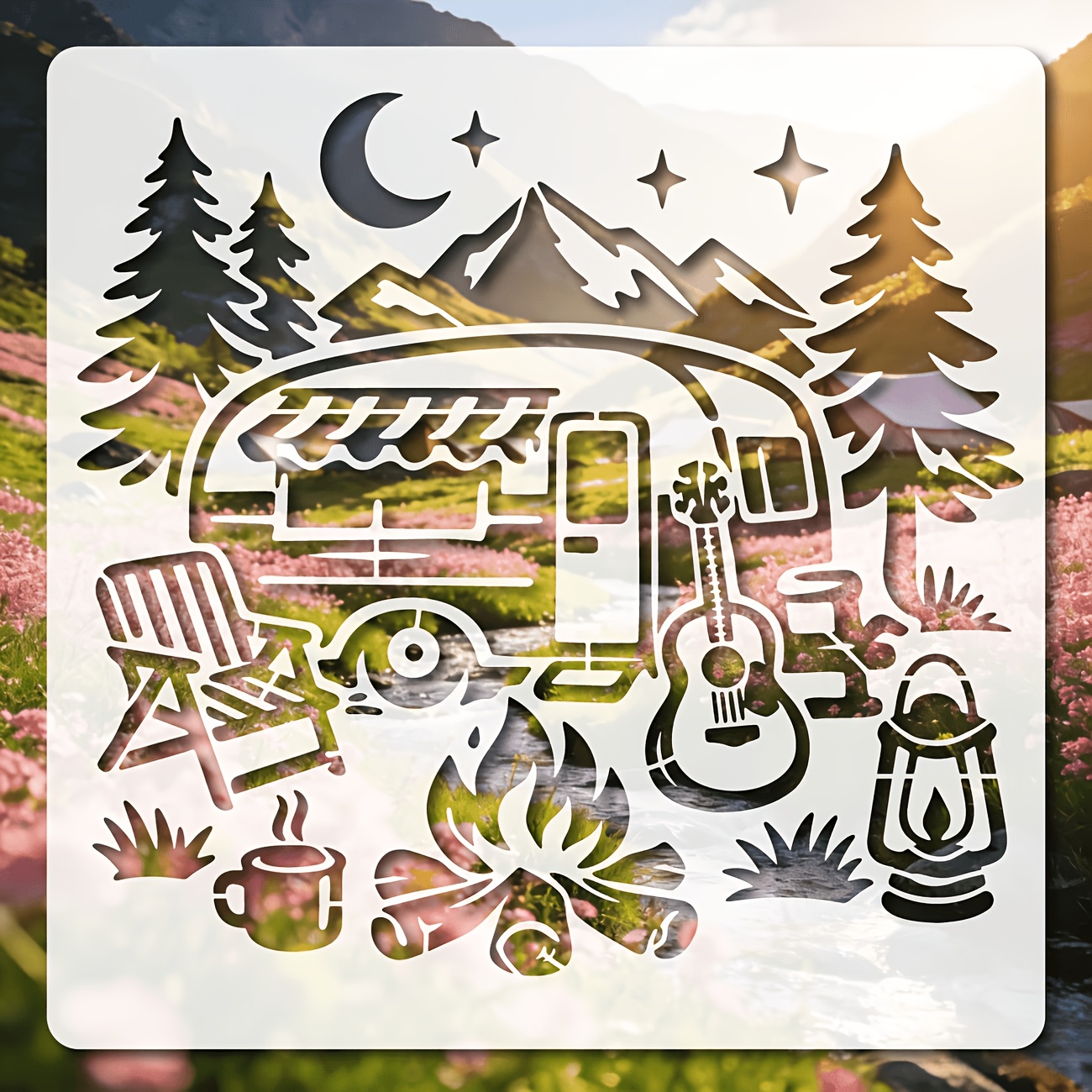 TEMU Pochoir Rétro Camping Réutilisable 11,8*11,8 Pouces pour Peinture avec Pinceau, Modèles de Dessin pour Loisirs Créatifs, Art Mural, Meubles,