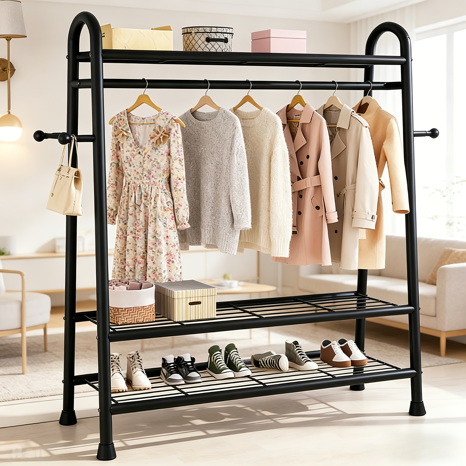 TEMU 160 X 120 X 42 Cm Clothes Rail Garment Coat Stand With 2 Tiers Storage Shoe Shelf, Heavy Duty Iron Clothes Dressing Hanging Rack Display Stand,