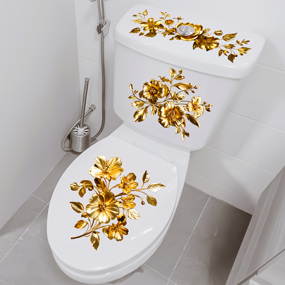 Image of Luxury Golden Floral Toilet Sticker, Self-adhesive Bathroom Decor, Flat Relief Texture Toilet Lid And Tank Sticker