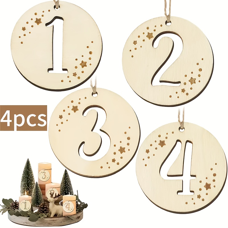 TEMU 2D-Flach, 2D-Flach bedruckte 4 Adventszahlen 1, 2, 3, 4 -Kerzenanhänger, Holz-Zahlenanhänger, passende Adventskerzen Kerzenständer, -Holzzahlen,