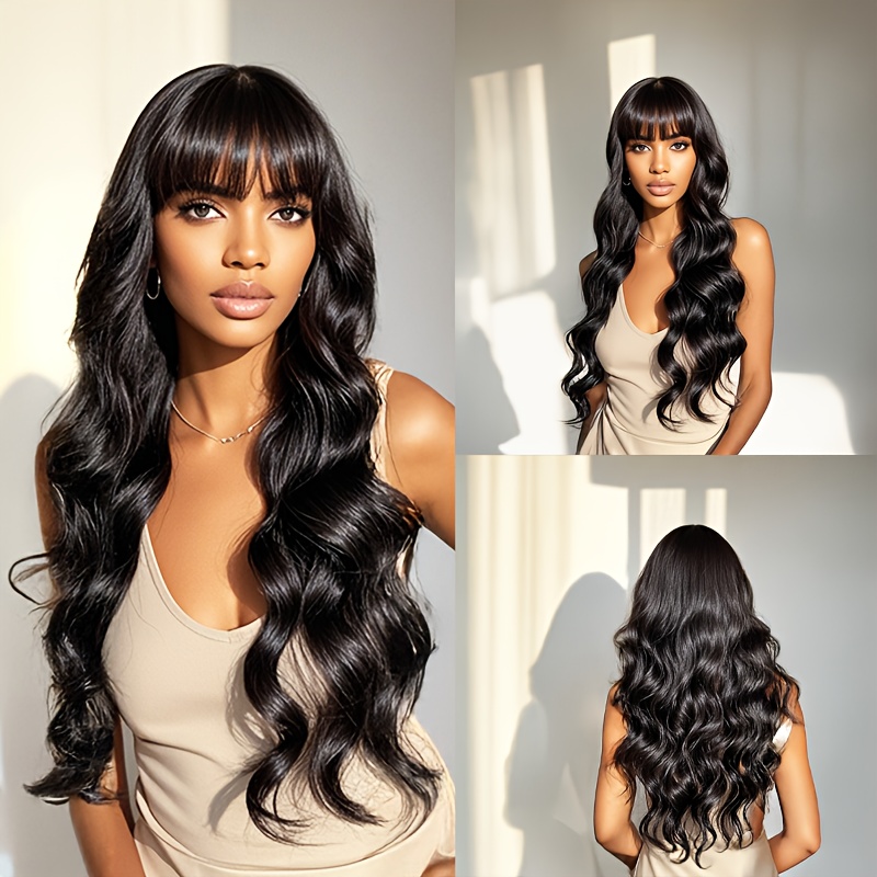 TEMU 28" Long Black Curly Wavy Wig With Bangs For Women - Natural Looking Synthetic Heat Resistant Fiber, Daily & Party Wear