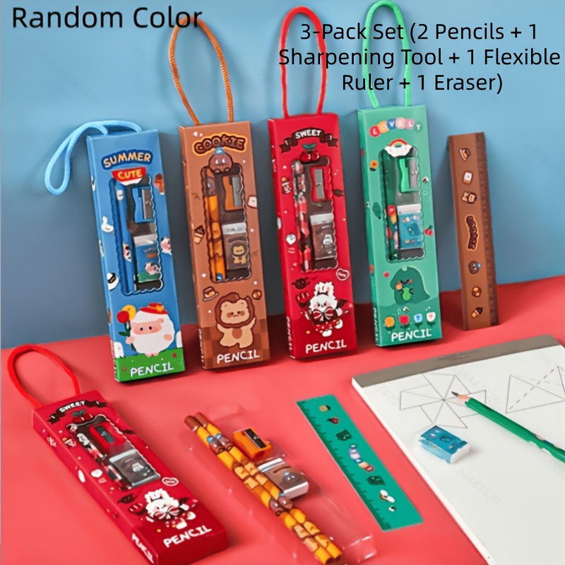 TEMU Cadeau pour Elle/Lui Lot de 3 pièces : 2 Crayons + 1 + 1 Mètre ruban + 1 Gomme. Style Aléatoire, Pack Cadeau de Fête , Lot de Papeterie Animaux