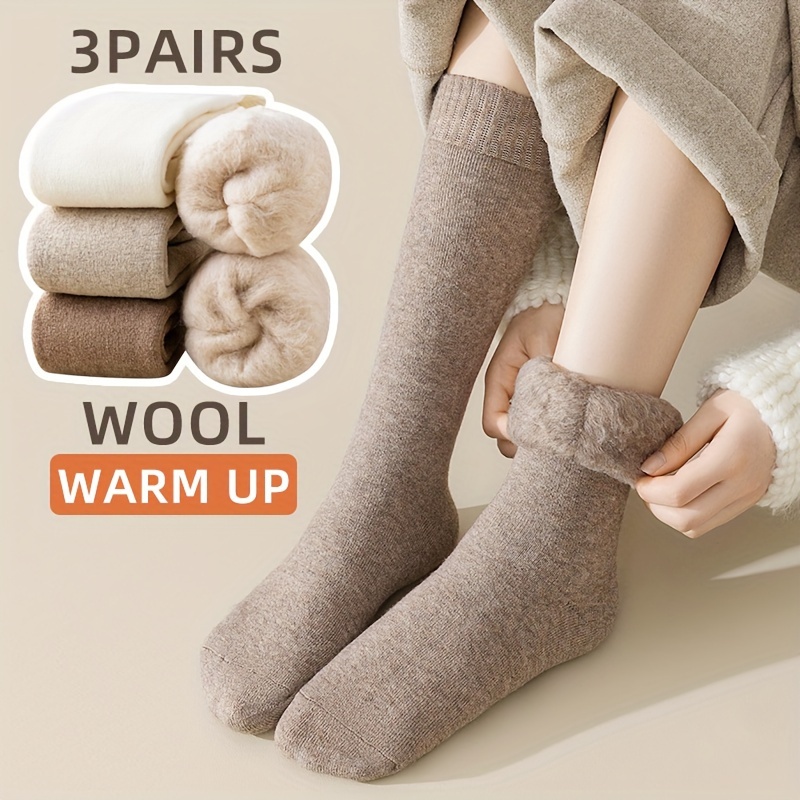

3 Pairs Solid Fleece Lined Calf Socks, Thickened & Warm Long Socks For Fall & Winter, Women's Stockings & Hosiery