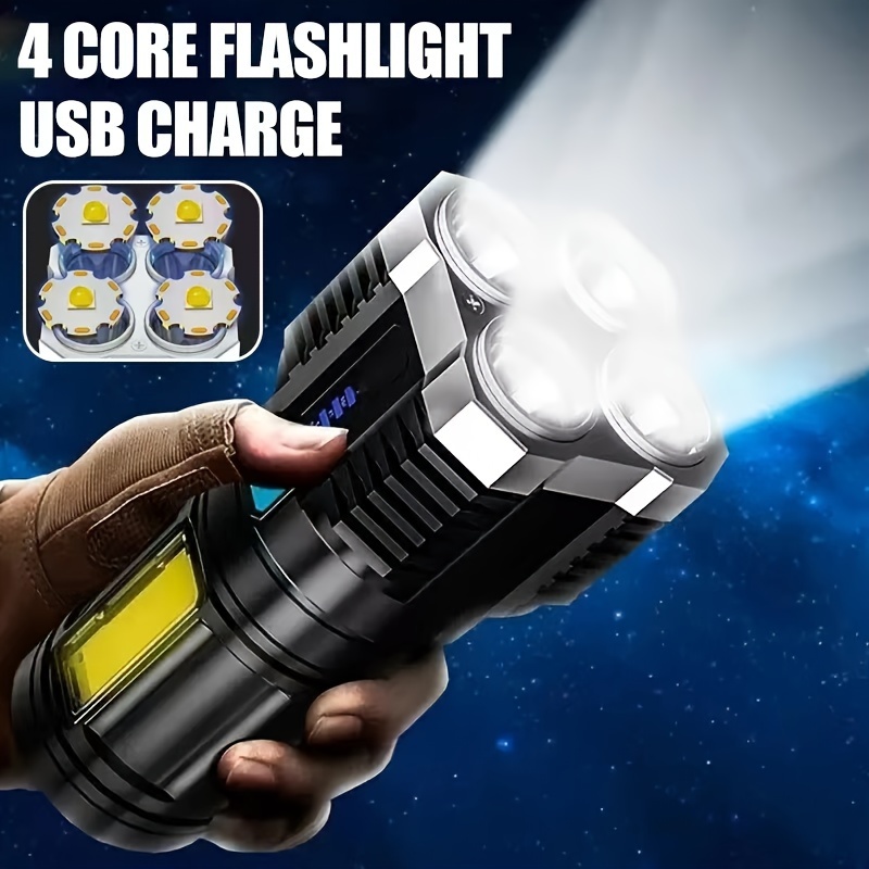 

Brightest 4-led Flashlight With Wide-angle Cob Side Light - 4 Modes, Usb Rechargeable, Rugged Abs Torch - Ultimate Camping & Emergency Tool