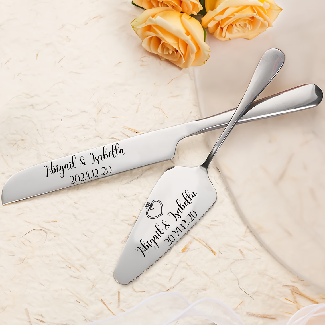 

A Personalized Knife Set, Customized Silvery Steel Knife And Shovel, Perfect For Weddings, Birthdays, Parties, And Events, 's Day , , 2pc Gift Box Set