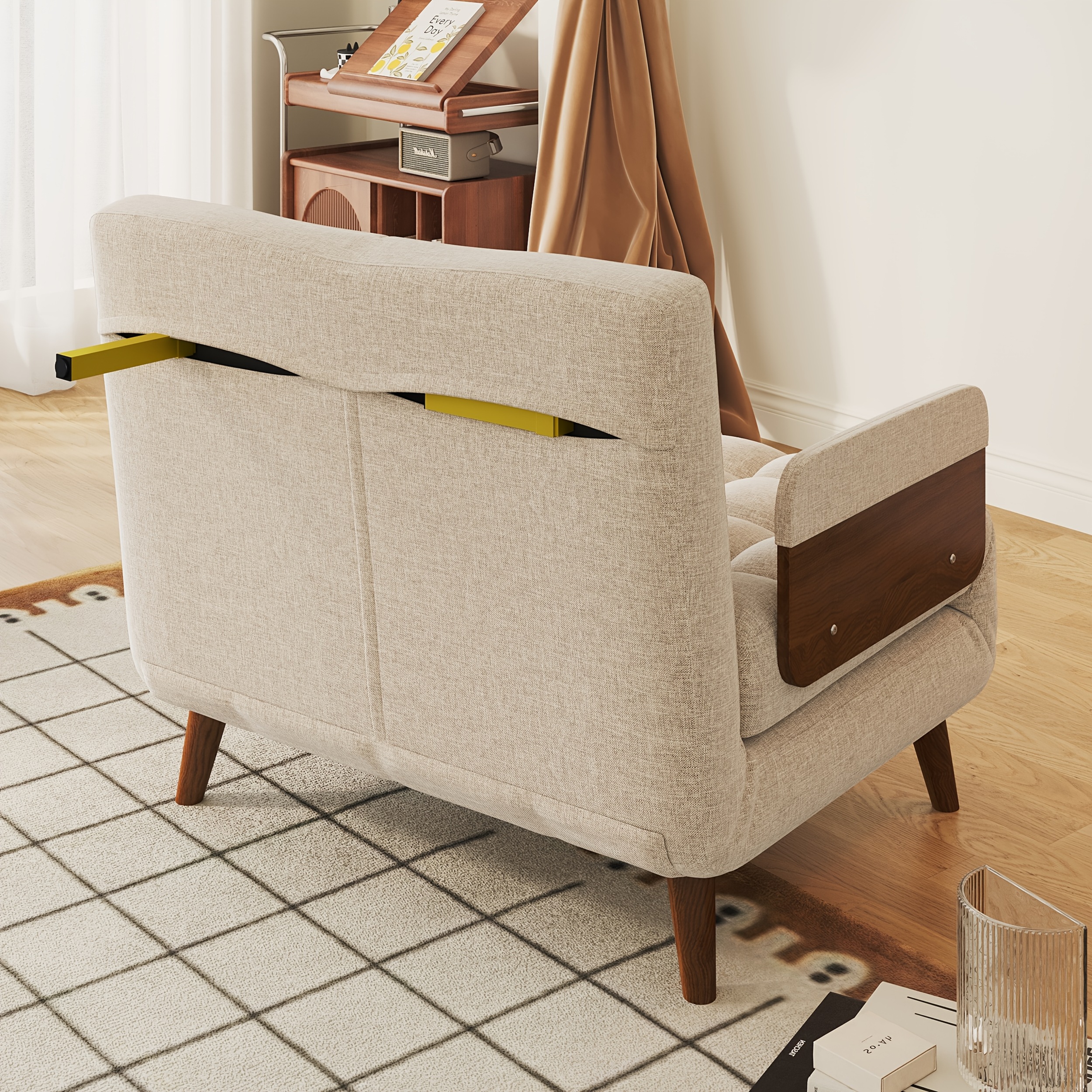 1 Modern Cotton And Linen Convertible Sofa Bed with 5 Adjustable Backs, Adjustable Height Pillows - Living Room Recliner, Single Or Double Use, Living Room Furniture Sofa | Neutral Home Decor | Wood Frame Sofa (Beige/Coffee)