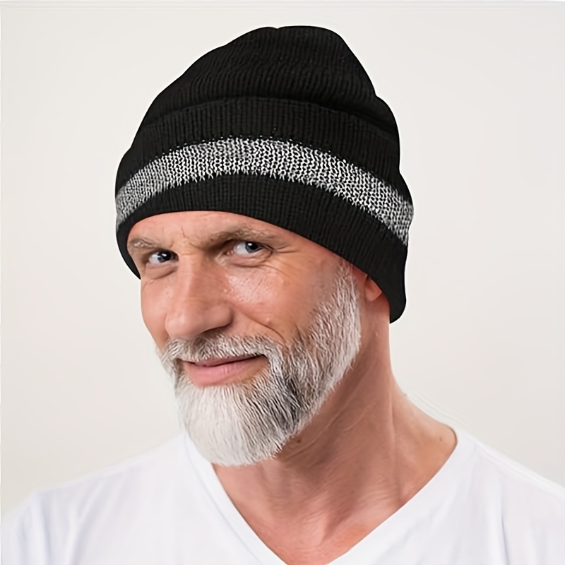 

1 Pc Unisex High Visibility Reflective Stripe Beanie, Outdoor Winter Warm Knit Cap, 7.48in Height, Head Circumference 22.05in-22.83in,