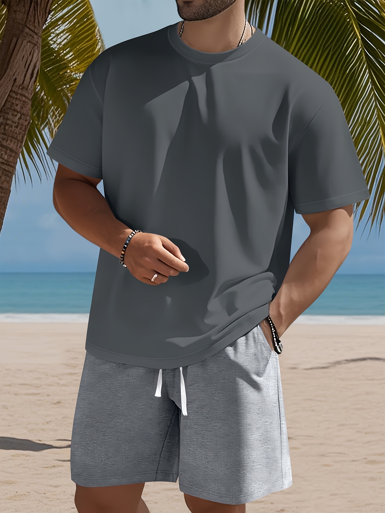 Men's Set, Solid Color Crew Neck Knit T-Shirt with Drawstring Cotton Shorts, Slightly Stretchy Fabric, Comfortable and Breathable, Perfect for Spring/Summer Outdoor Leisure and Sports, Keeps You Light and Carefree